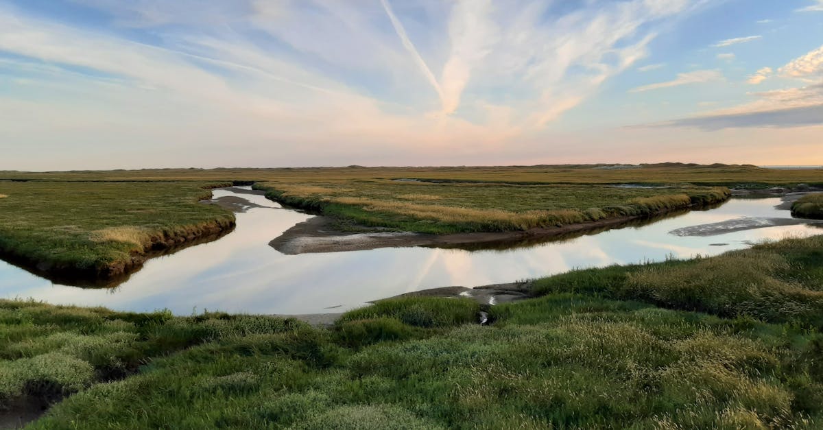 Beautiful salt marsh reflecting the sky during sunset at Sankt Peter-Ording, Germany.